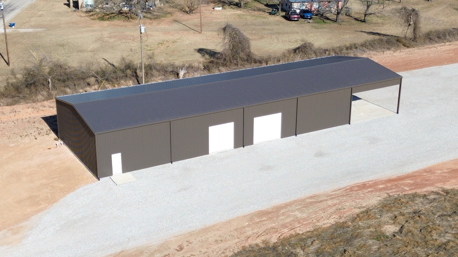 Finished commercial metal building in North Texas, drone view